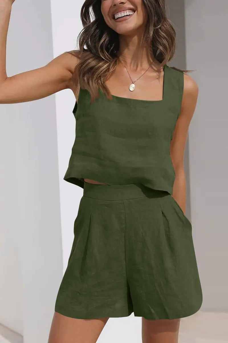 Casual Cotton-Linen Two-Piece Set with Shorts