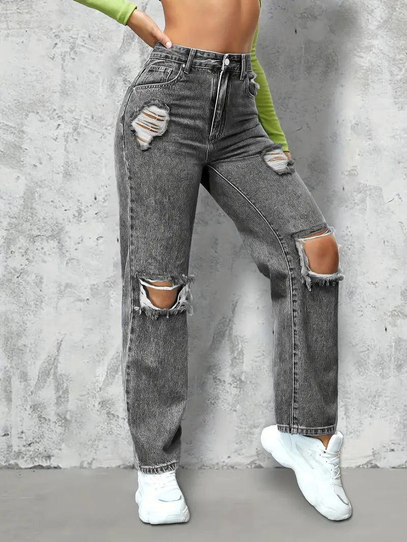 Dark Grey Ripped High Rise Loose Fit Denim Jeans