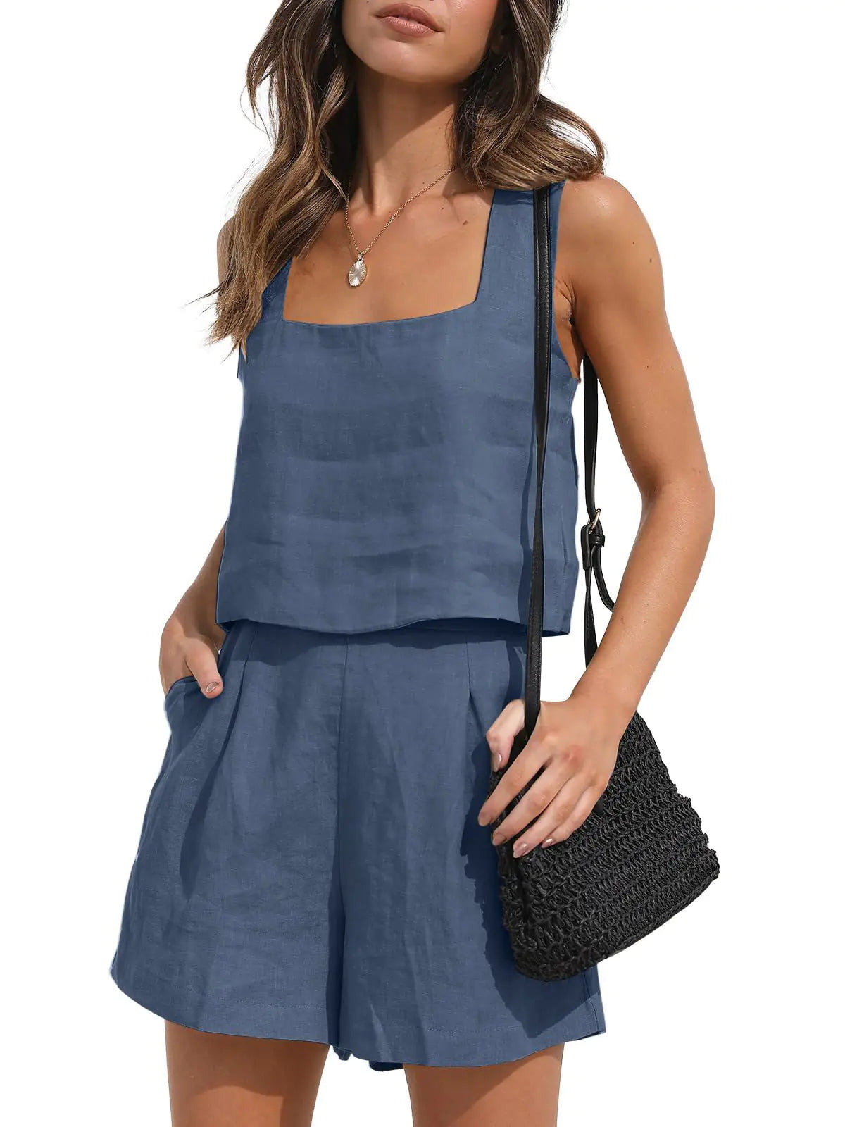 Casual Cotton-Linen Two-Piece Set with Shorts