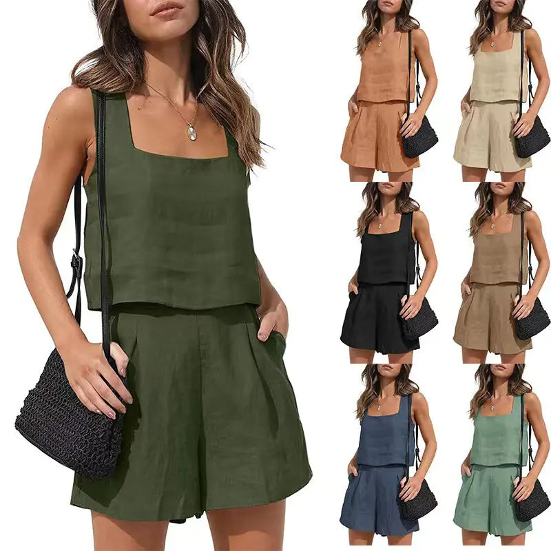 Casual Cotton-Linen Two-Piece Set with Shorts