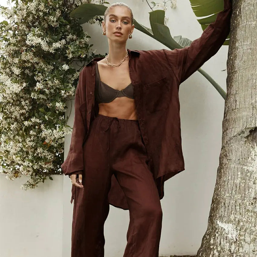 Cotton-Linen Two-Piece Women's Set with Trousers