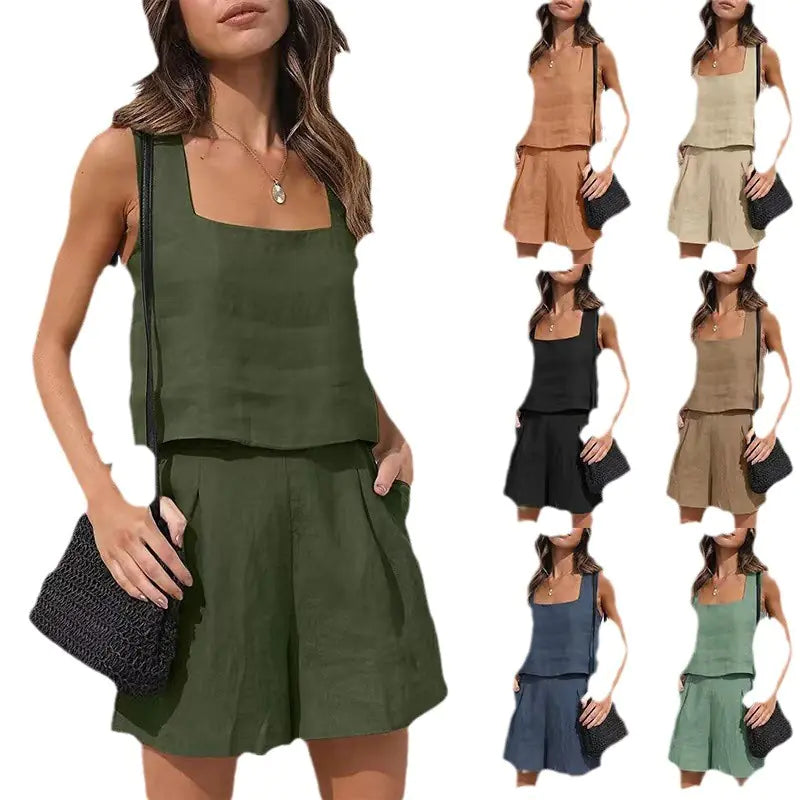 Casual Cotton-Linen Two-Piece Set with Shorts