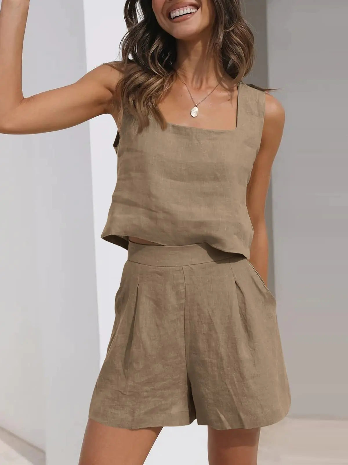 Casual Cotton-Linen Two-Piece Set with Shorts