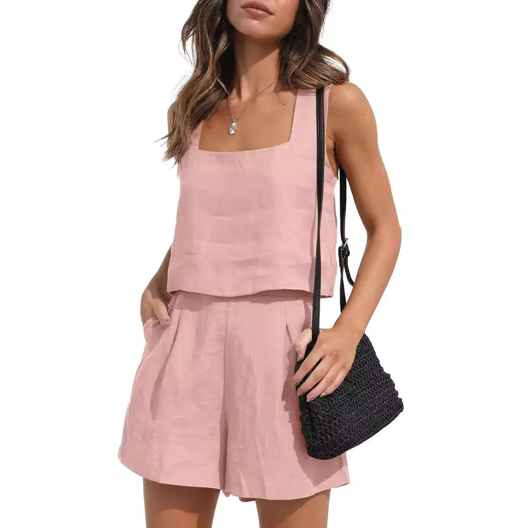 Casual Cotton-Linen Two-Piece Set with Shorts