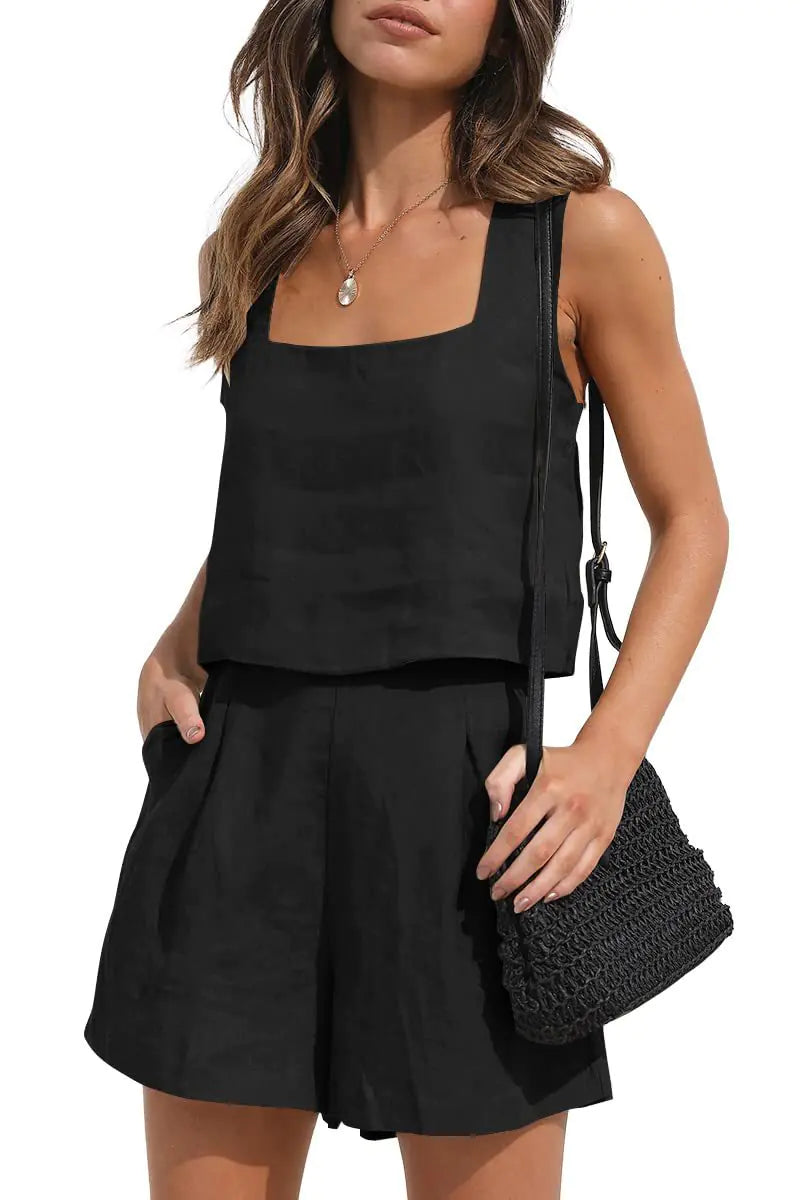 Casual Cotton-Linen Two-Piece Set with Shorts