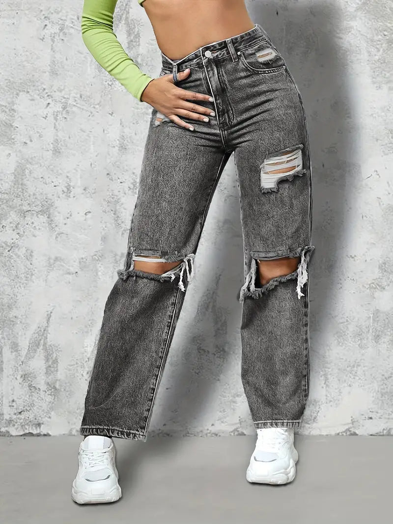 Dark Grey Ripped High Rise Loose Fit Denim Jeans