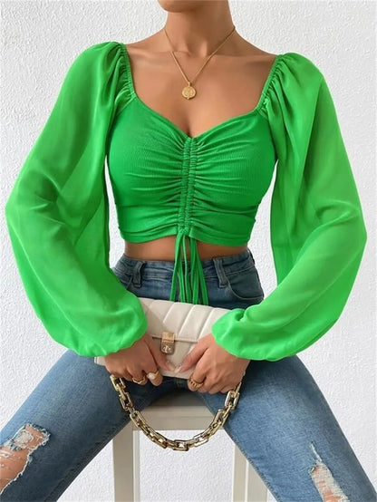 V-Neck Lantern Sleeves Chiffon Top