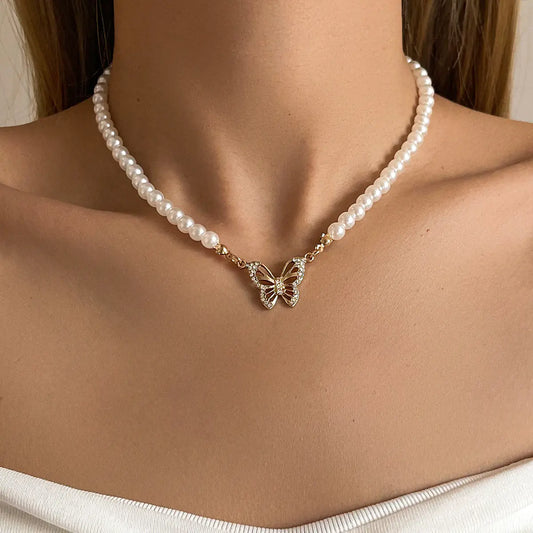 Trendy Pearl Butterfly Vintage Choker Necklace