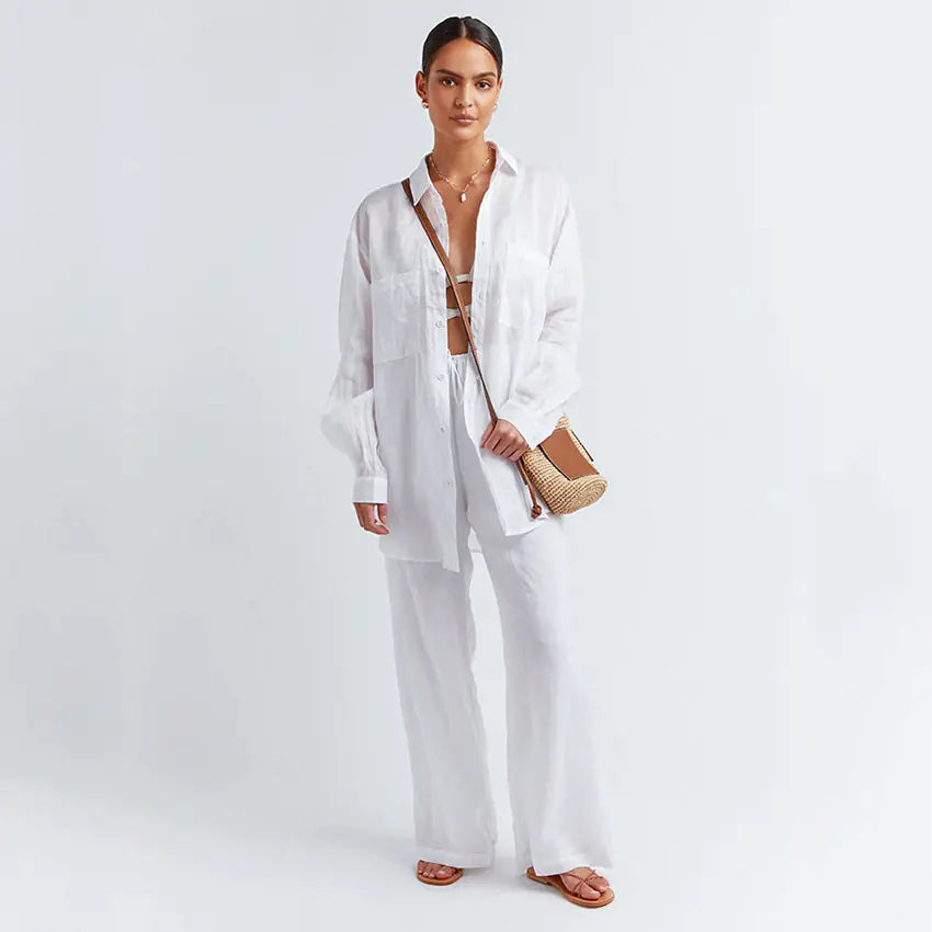 Cotton-Linen Two-Piece Women's Set with Trousers