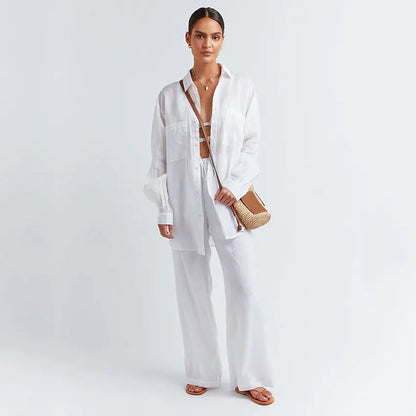 Cotton-Linen Two-Piece Women's Set with Trousers
