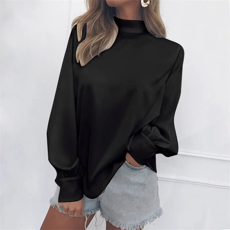 High Neck Lantern Sleeve Chiffon Top