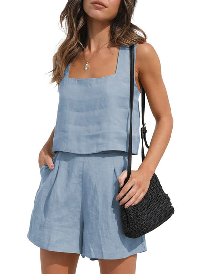 Casual Cotton-Linen Two-Piece Set with Shorts