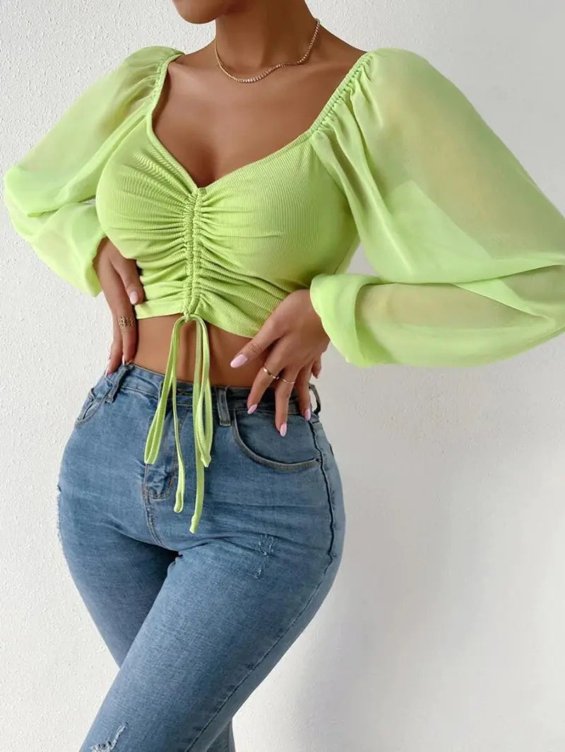 V-Neck Lantern Sleeves Chiffon Top