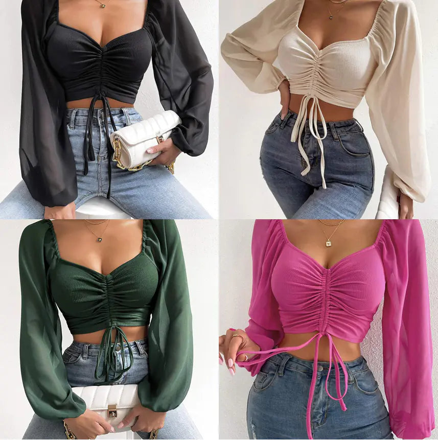 V-Neck Lantern Sleeves Chiffon Top
