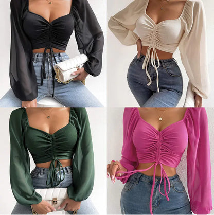 V-Neck Lantern Sleeves Chiffon Top