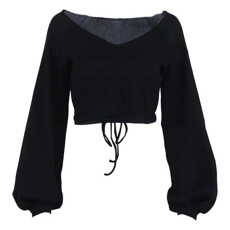 V-Neck Lantern Sleeve Crop Top for Women