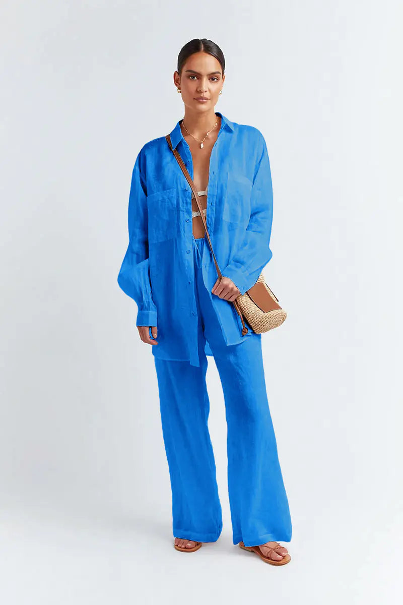 Cotton-Linen Two-Piece Women's Set with Trousers