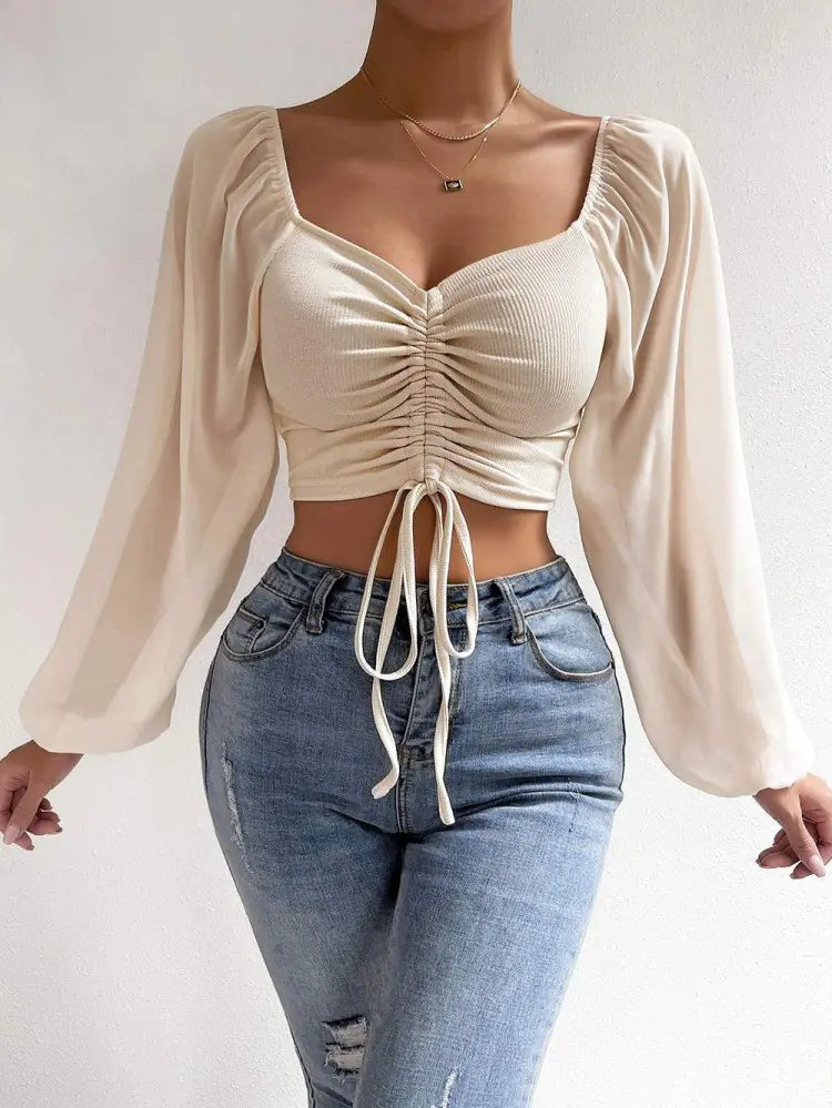 V-Neck Lantern Sleeves Chiffon Top