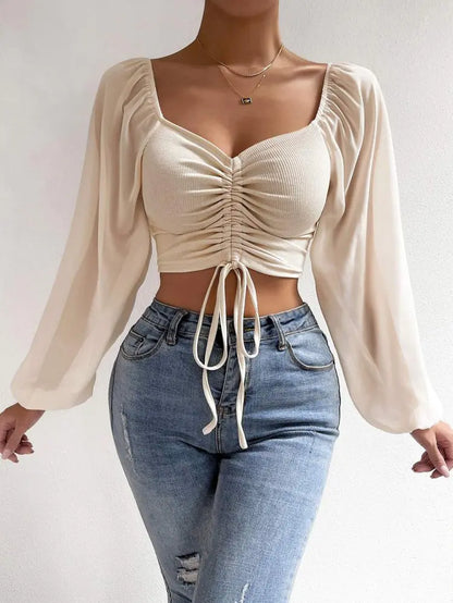 V-Neck Lantern Sleeves Chiffon Top
