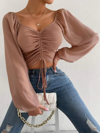 V-Neck Lantern Sleeves Chiffon Top