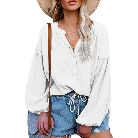 Loose V-neck Lantern Sleeve Cotton Shirt for Women