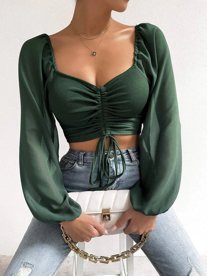 V-Neck Lantern Sleeves Chiffon Top