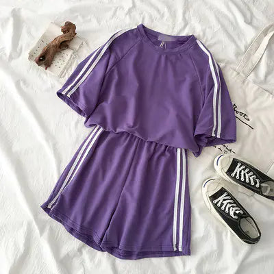 Women's Casual Chic Sportswear Set - Short Sleeve & Shorts