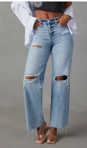 Women's Denim With Hole High Waist Straight-leg Pants