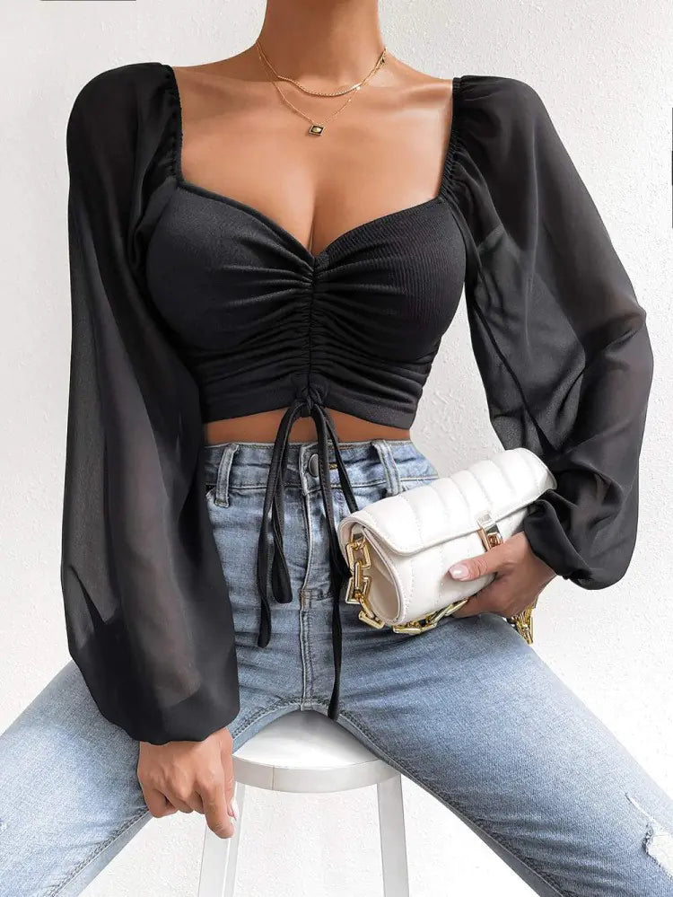 V-Neck Lantern Sleeves Chiffon Top