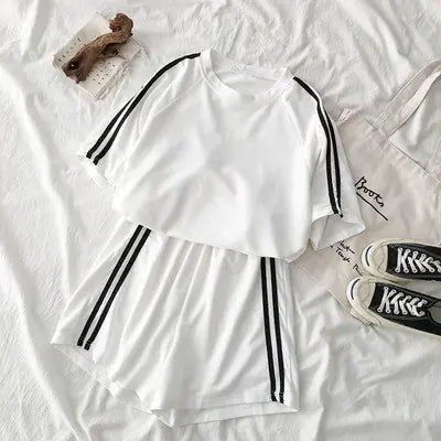 Women's Casual Chic Sportswear Set - Short Sleeve & Shorts