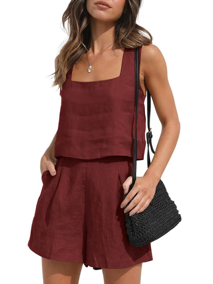 Casual Cotton-Linen Two-Piece Set with Shorts