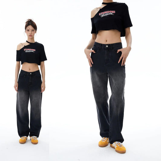 Women's Stylish Loose Spray Color Denim Trousers
