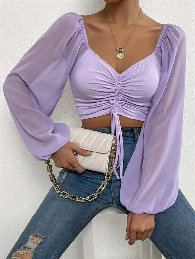 V-Neck Lantern Sleeves Chiffon Top
