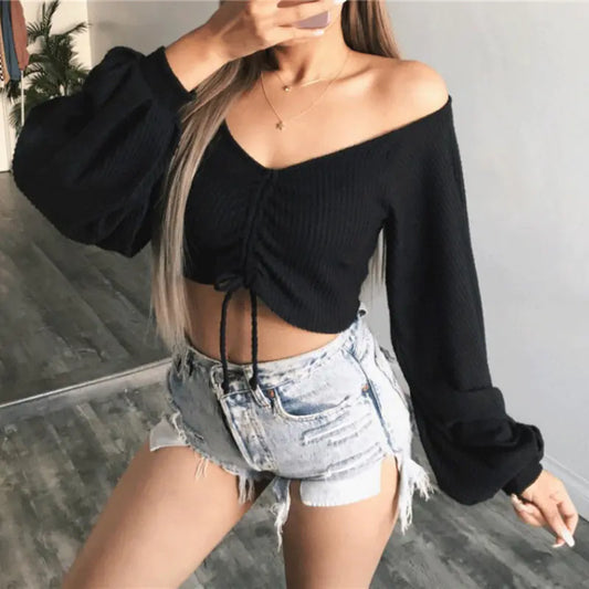 V-Neck Lantern Sleeve Crop Top for Women