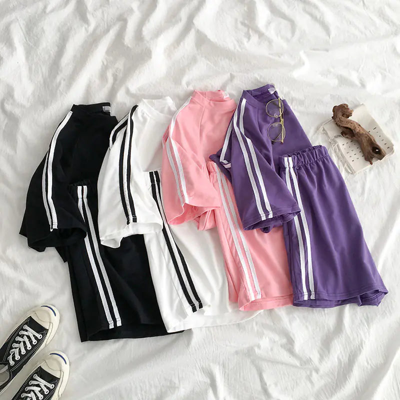 Women's Casual Chic Sportswear Set - Short Sleeve & Shorts